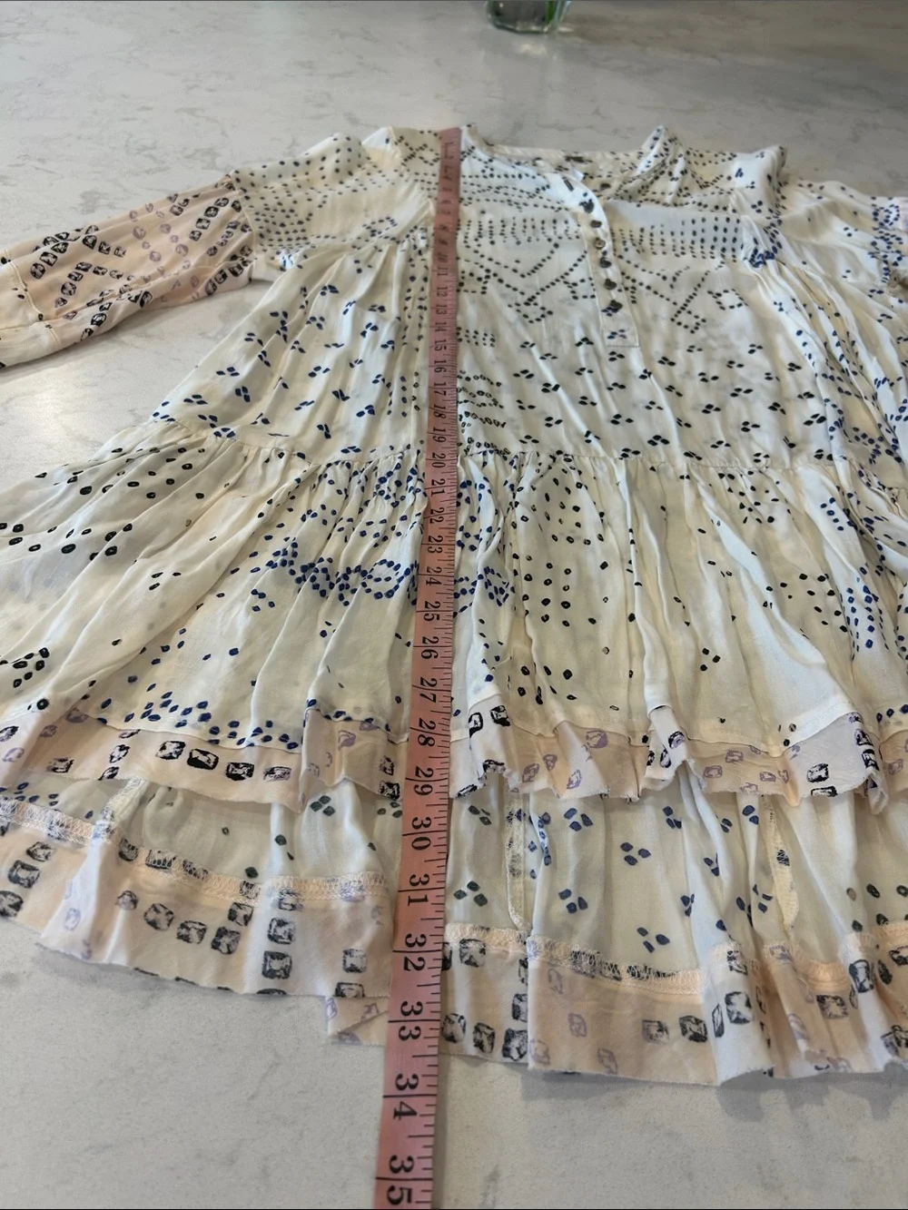 Free People Shibori Ivory Print Long Sleeve Button-Up Tunic Boho Festival XS